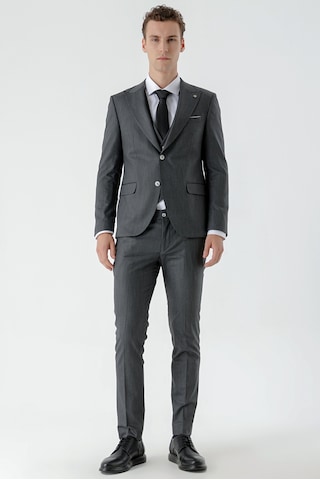 Morven Erkek Siyah Poliviskon Trend Yelekli Desenli Slim Fit Sivri Yaka Takım Elbise 24mc001008001 Siyah
