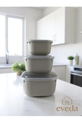 Eveda Snaplid Line Kare Üçlü Set Bej-2 Bej