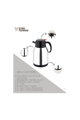 Star Termos 2 Litre Çift Kat Paslanmaz Çelik Termos Piknik Kamp Outdoor Ofis Otel Kafe Okul Sth - 6156 Siyah