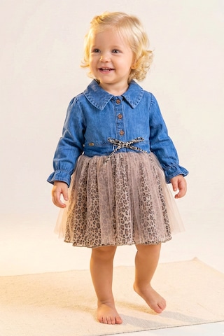 Babymod Denim Leopar Desenli Şık Özel Gün Kız Bebek Elbise Bej