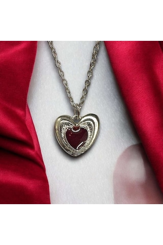 Kalp Mineli Kadın Detaylı Kırmızı Gümüş Kolye 60 Cm Zincir Çok Renkli