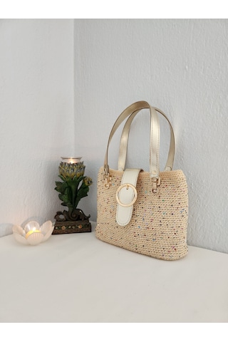 Fikriharika Design Party Model, Gold Parlak Detaylı, Işıltılı, Kadın El Çantası Bej