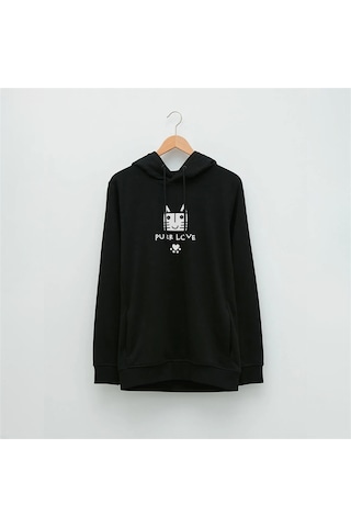 Şirin Kedi Özel Tasarım Baskılı Kapüşonlu Sweatshirt Siyah