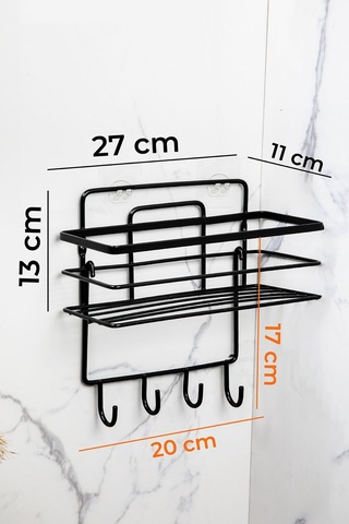 2'li Set Banyo Düzenleyici Şampuanlık Banyo Rafı 4 Kancalı Yapışkanlı Paslanmaz Siyah