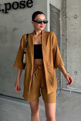 Modagen Kadın Camel Kimono Şort Alt Üst Takım Camel