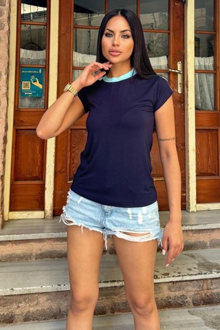 Kadın Laci Omuz Ve Yaka Detaylı, Renk Bloklu Garnili Kısa Kol T-shirt Bluz Lacivert
