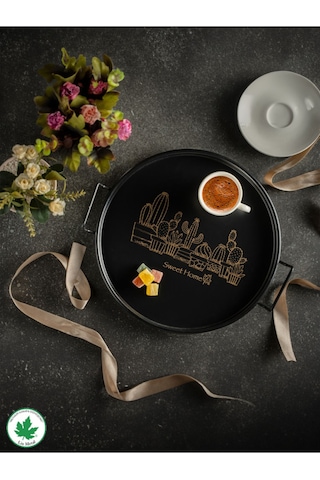 Lin Metal 24cm Yuvarlak Tel Kulplu Tepsi Kaktüs Baskılı - Siyah