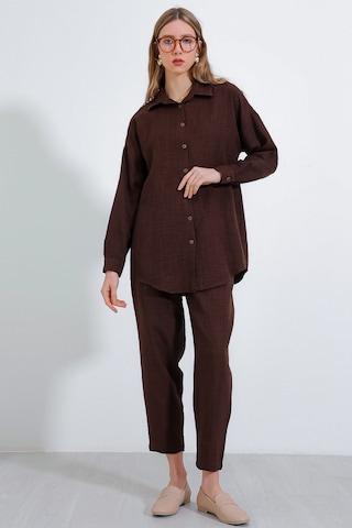 Bigdart Kadın Kahverengi Oversize Keten Alt Üst Takım 6622 6622bgd19-002-14380 001