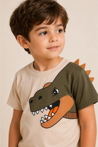 Beka Kids Erkek Çocuk Kısa Kollu Dinazor Baskılı Ve Keçeli Şort Ve Tişört Alt-üst İkili Takım Haki