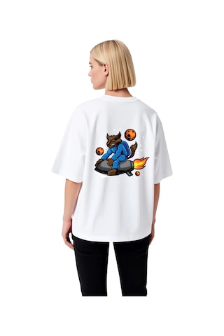 Paybuy Mavi Takımlı Kedi Roket Sürücüsü Baskılı Kadın Oversize Tişört Beyaz