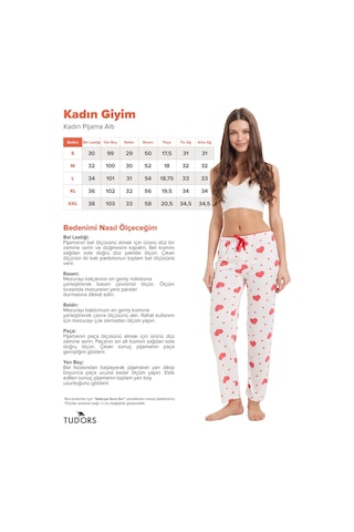 Tudors Kadın Regular Fit Klasik Kesim Viskon Beli Lastikli Fiyonk Detaylı Baskılı Beyaz Pijama Altı-51008