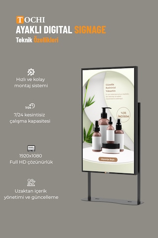 Ayaklı Digital Signage  Ekranı 2000-30000 Nıt Yüksek Parlaklık Full Hd 7/24 Reklam Ekranı 75 İnç