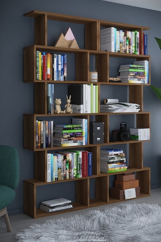 Dekorfim DF07103BR 6 Raflı Çift Modül Zigzag Kitaplık Çalışma Odası Ofis Kitaplık