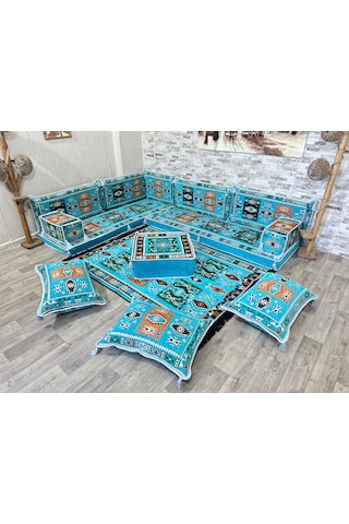 Coton Şark Köşesi Milas Desenli Yer Minderleri Turkuaz