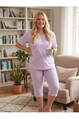 Büyük Beden Kısa Kol Kapri Pamuklu Likralı Pijama Takımı 8642 Lila