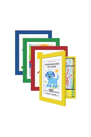 Kids Artwork Frame Changeable Multicolor - Magnetic Door Holds 100 Art Pieces - 8.5x11 Letter Size Display With Mat Or 10x12.5 Without Mat - My Mini Masterpiece Set Of 4 Açık Gri