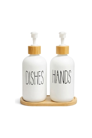 Bambu Stantlı Hands & Dishes 550 Ml Sıvı Sabunluk Seti, Mutfak Cam Sabunluk Beyaz