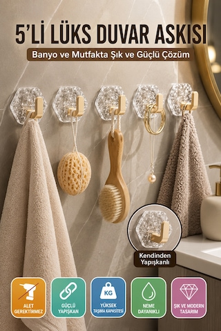 Gold Kendinden Yapışkanlı 5'li Duvar Askısı Banyo Mutfak Havlu Askılığı Buz Desen Dekoratif Seti Altın