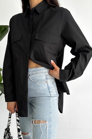 Femelle Kadın Siyah Yeni Sezon Çift Cepli Oversize Gömlek