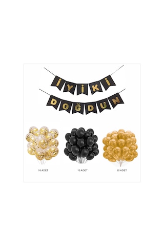 Siyah-gold-şeffaf Balon+banner Seti