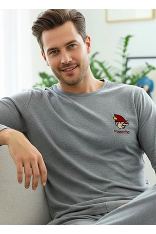 Siyah İnci Uzun Kollu Örme Erkek Pijama Takım 7795 Koyu Mavi Melanj