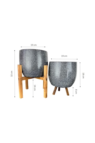 Bitki Tasarımı Ev Dekorasyon Aksesuar Gri Granit Toprak Saksı Saksılık Salon Çiçeklik İkili Set 3 Ayaklı- 4 Ayaklı- 19 CM