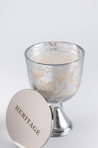 Gümüş Varak Eskitme Ayaklı Cam Mumluk Kokusuz Mum Yazı Kapaklı Büyük 24.5x15 Cm