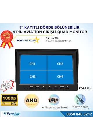 7 İnç Dörde Bölünebilir Kayıtlı Quad Monitör 4 Pin Aviation Girişli Ahd 1080p/720p/cvbs Analog Pal Ntsc 256gb Sd Kart Destekli