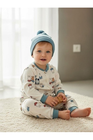 Zekids Erkek Bebek Pamuklu Tavşan Desenli Çıtçıtlı Pijama Takımı-16849 Çok Renkli