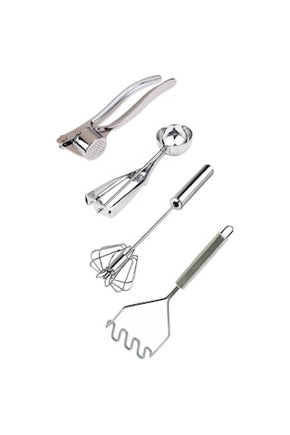 Paslanmaz Çelik Sarımsak Ezici, Dondurma Kaşığı, Çırpıcı Ve Patates Ezici Gri