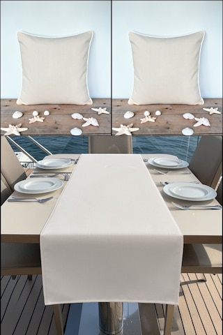 Marin Runner 145x40 Ve 2 Li 45x45 Kırlent Seti Su Geçirmez Outdoor Keten Tekne Bahçe Salon Ve Balkon Krem