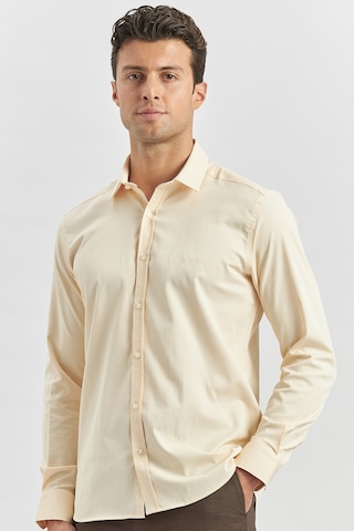 İmza Açık Bej Uzun Kol Düz Bez Ayağı 032 Sert Yaka Classic Slim Fit Gömlek 1004240334 Açık Bej