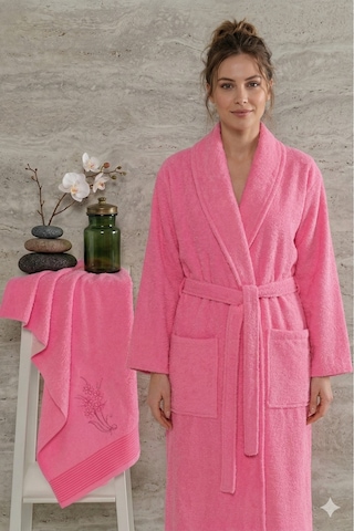 Premium 2'li Aile Bornoz Seti Çeyizlik Pamuklu Hediyelik Banyo Takımı S/m Fuşya