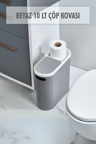 Gri Kapaklı Wc Kağıtlıklı Çöp Kovası & Ofis Çöp Kovası 10 Lt Beyaz