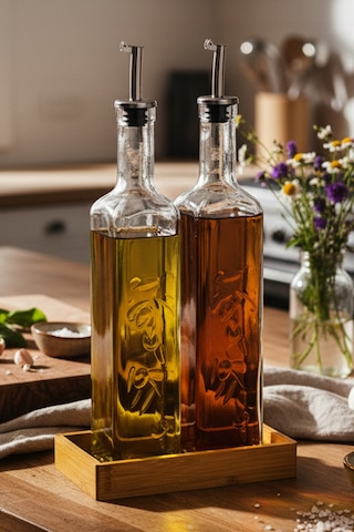 Lara - 2'li Bambu Standlı Cam Zeytinyağı Sıvıyağ Şişesi Yağdanlık Damlatmaz Yağlık Sirkelik 500ml