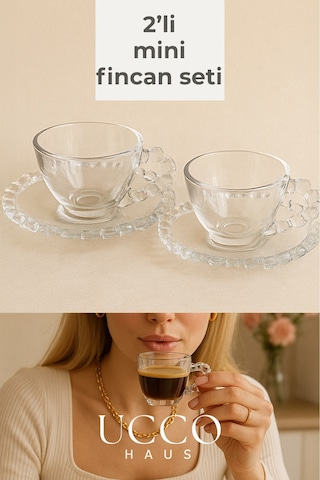 2'li Cam Fincan Seti 2 Bardak + 2 Tabak Kahve Fincanı Çay Fincanı Şık Kahve Ve Çay Sunum Bardağı Şeffaf
