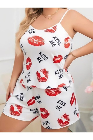 Senoramoda Büyük Beden Kiss Me Öpücük Desen Pamuklu Şortlu Pijama Takımı Beyaz