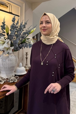 Rabia Şamlı Melda Triko Tunik Mürdüm Çok Renkli