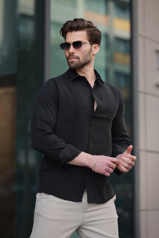 Madmext Siyah Basic Uzun Kollu Erkek Gömlek E6762 Siyah