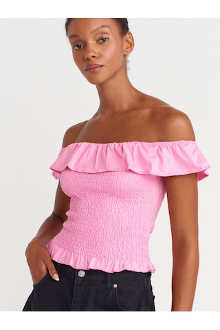 Dilvin 31902 Omuzları Açık Fırfırlı Top-pembe Pembe