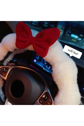 Fiyonklu Yumuşak Peluş Kış Direksiyon Kılıfı Beyaz