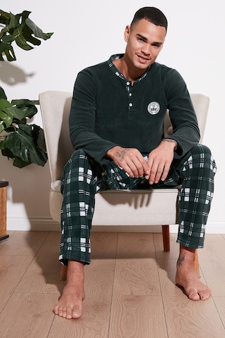 Buratti Ekoseli Regular Fit Düğmeli Bisiklet Yaka Kışlık Polar Erkek Pijama Takımı 60961002 Yeşil