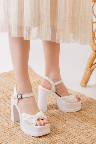 Asmi Shoes Kadın Fiyonk Bantlı 12cm Platformlu Topuklu Ayakkabı Beyaz Beyaz