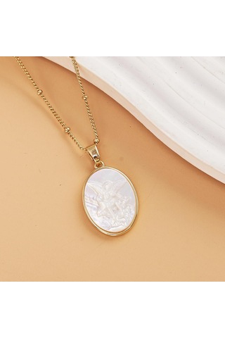 Vkemall Mikro Takılı 18k Altın Kaplama Bakır Zincirli 45cm Oval Doğal Beyaz Perlama Micael Meleği Korumalı Pendent Kolye Gold