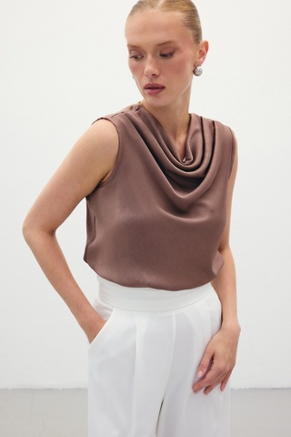Sateen Degaje Yaka Saten Bluz - Kahve-136069 Kahve