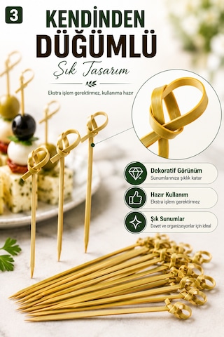 50 Adet Düğümlü Bambu Kürdan 12 Cm Kokteyl Parti Davet Aperatif Sunum Kürdanı 50'li Set Paket