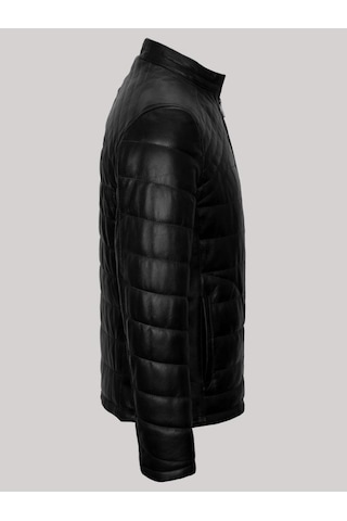 Hakiki Kuzu Derisi Siyah Erkek Deri Mont Işlemeli Fermuarlı Deri Ceket Siyah