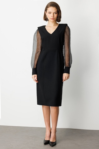 Ekol Kadın Kolları Taşlı V Yaka Midi Elbise 4025 Siyah Siyah