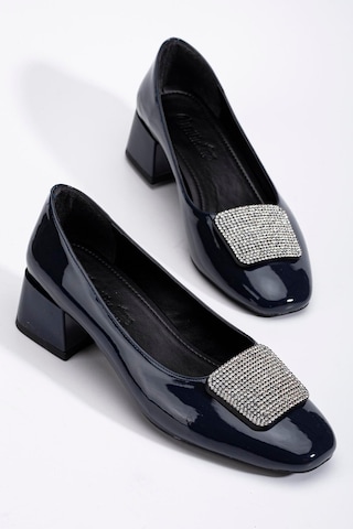 Büyük Numara Rugan Kare Taşlı Lacivert Kadın Kısa Topuklu Ayakkabı-3256 Lacivert