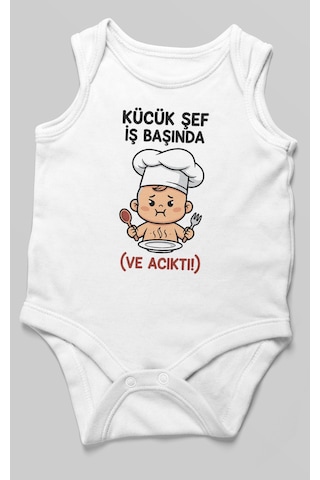 Küçük Şef İş Başında Ve Acıktı Baskılı Bebek Zıbını Çıtçıtlı Body 8 Renk %100 Pamuk Sıfır Kol Beyaz
